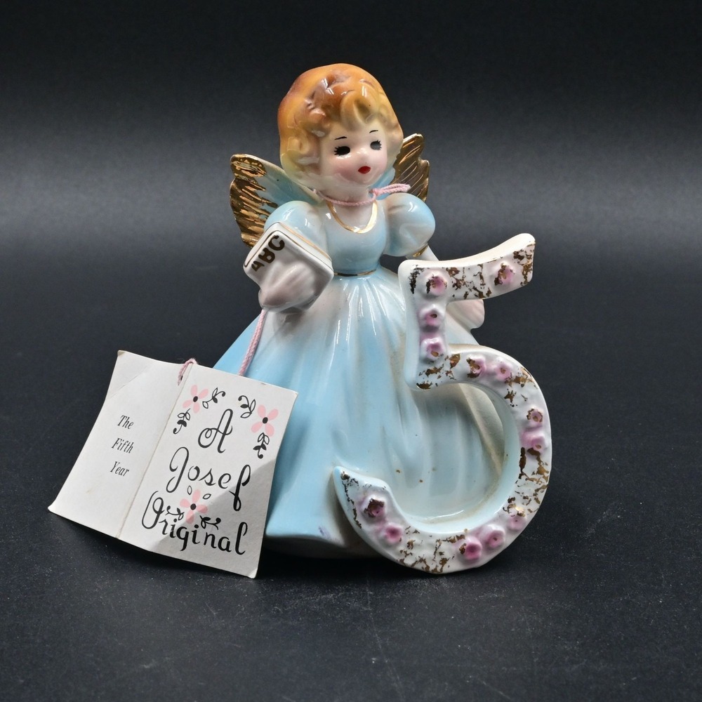 Josef Originals 5th Birthday Angel Figurine Blue Dress Vintage w/ Tag